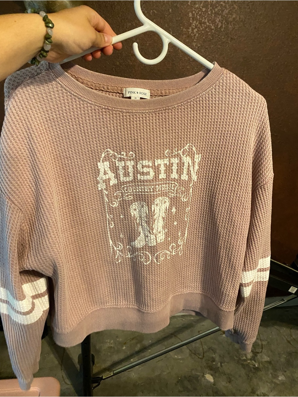 Pink Rose Mauve Austin Graphic Waffle-Knit Crew Sweater